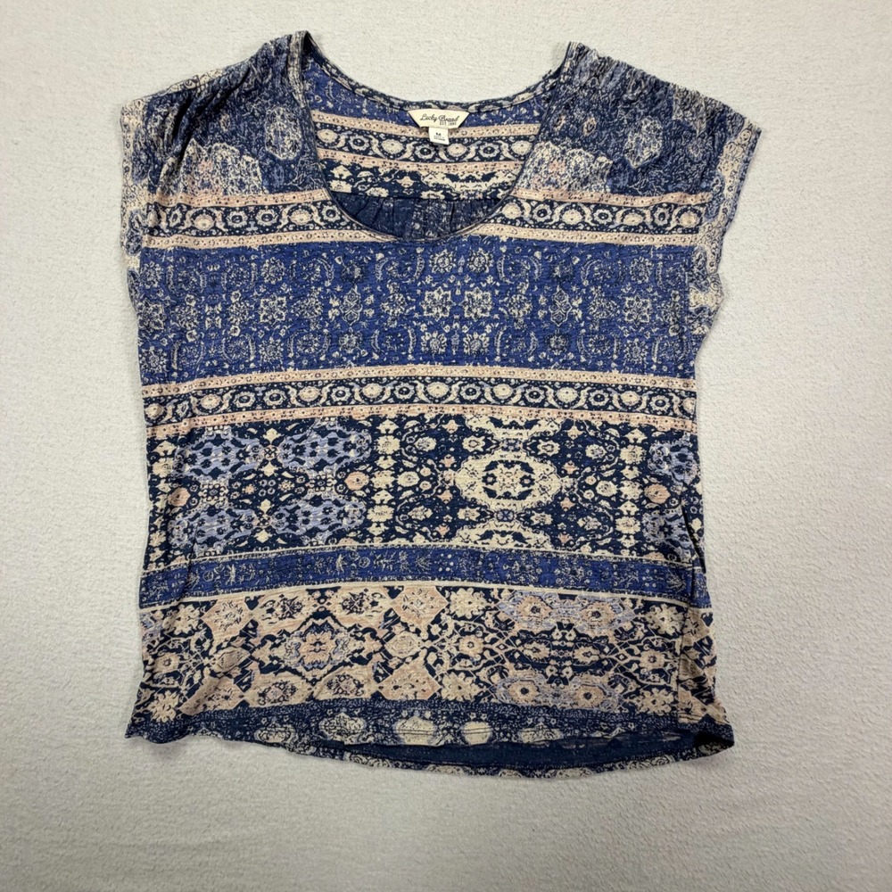 Lucky Brand Top Women M Good Blue Medallion Tile Print Boho Cap Sleeve Shirt
